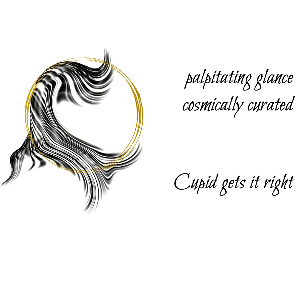 palpitating glance / cosmically curated / Cupid gets it right. A Guided Influence poetry logo: a double gold circle representing the moon, resting on black wavy strokes, evoking the flowing hair-silhouette of Luna, the artist poet.
