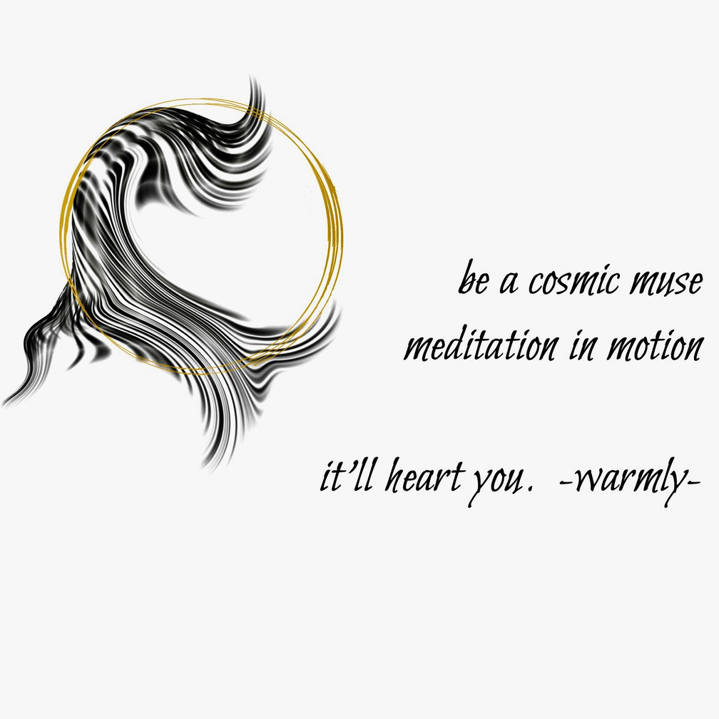 be a cosmic muse / meditation in motion / it'll heart you. -warmly-. A Guided Influence poetry logo: a double gold circle representing the moon, resting on black wavy strokes, evoking the flowing hair-silhouette of Luna, the artist poet.