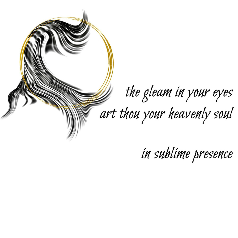 the gleam in your eyes / art thou your heavenly soul / in sublime presence. A Guided Influence poetry logo: a double gold circle representing the moon, resting on black wavy strokes, evoking the flowing hair-silhouette of Luna, the artist poet.