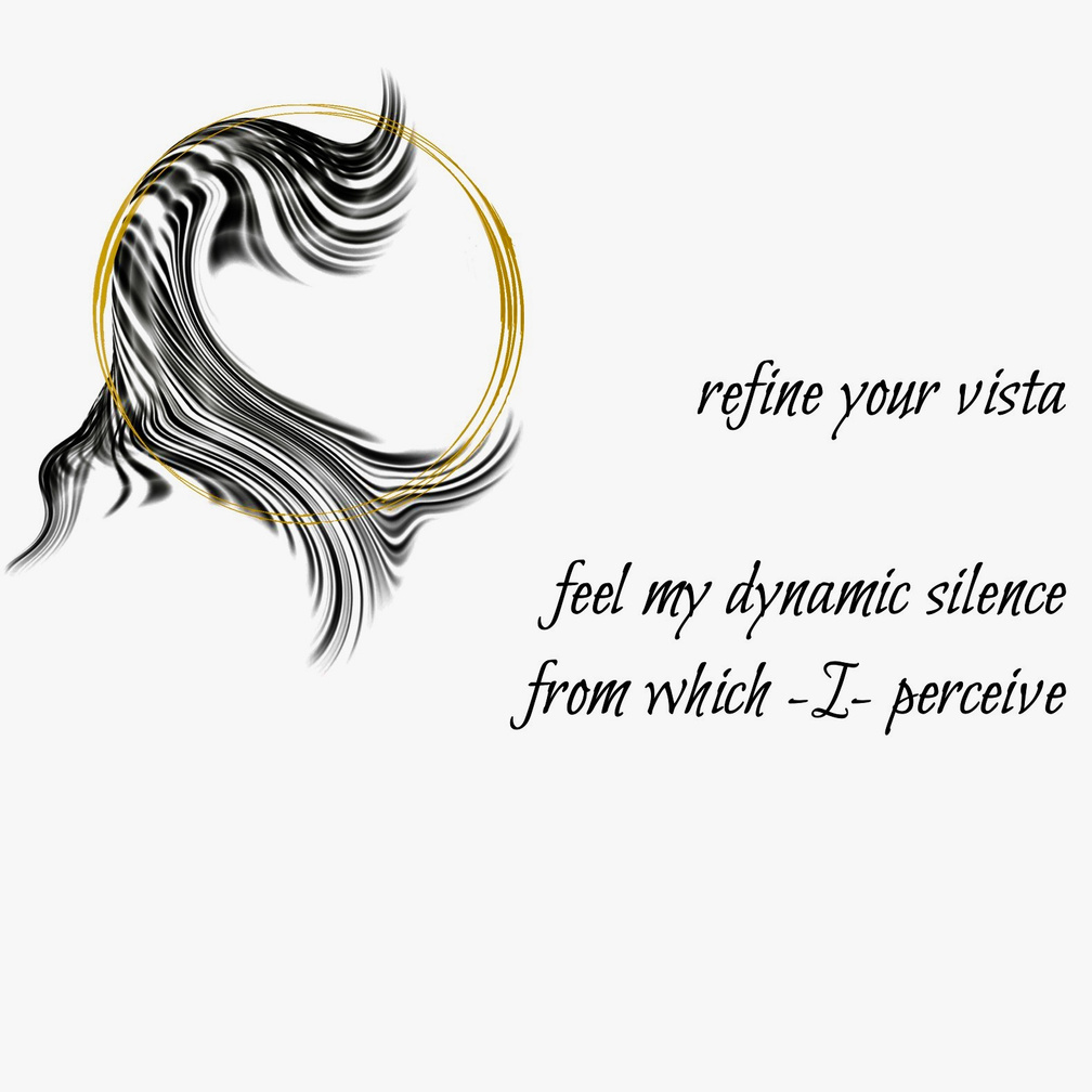 refine your vista / feel my dynamic silence / from which -I- perceive. A Guided Influence poetry logo: a double gold circle representing the moon, resting on black wavy strokes, evoking the flowing hair-silhouette of Luna, the artist poet.